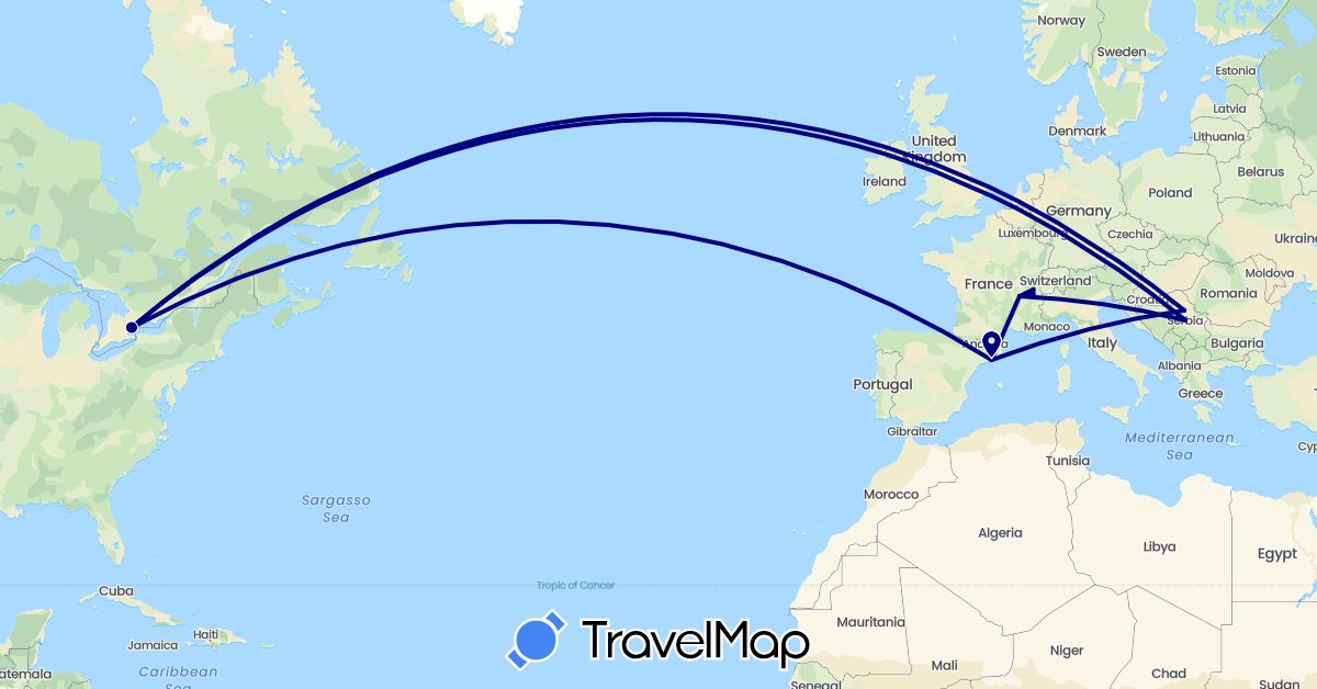 TravelMap itinerary: driving in Canada, Switzerland, Spain, France, Serbia (Europe, North America)